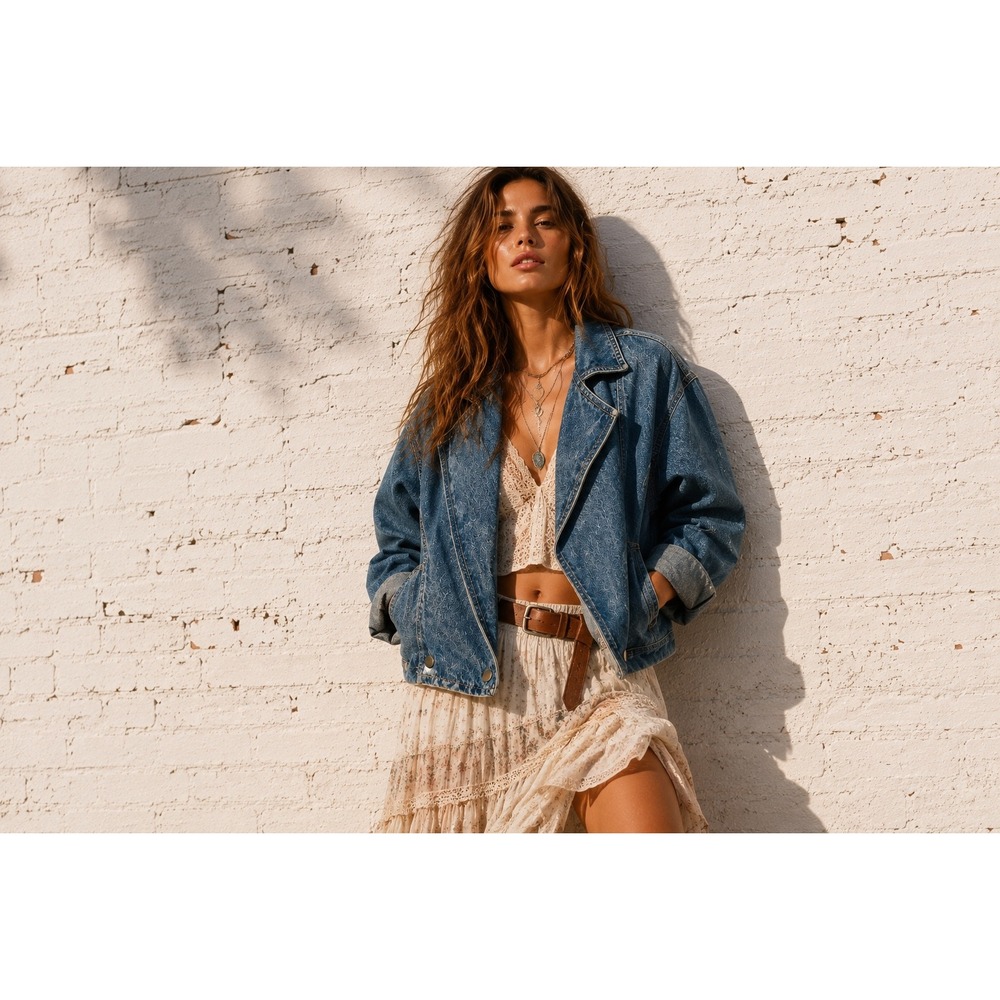 Vintage 80s Oversized Denim Moto Jacket Cropped Boxy Snap Front Medium Wash‎ S